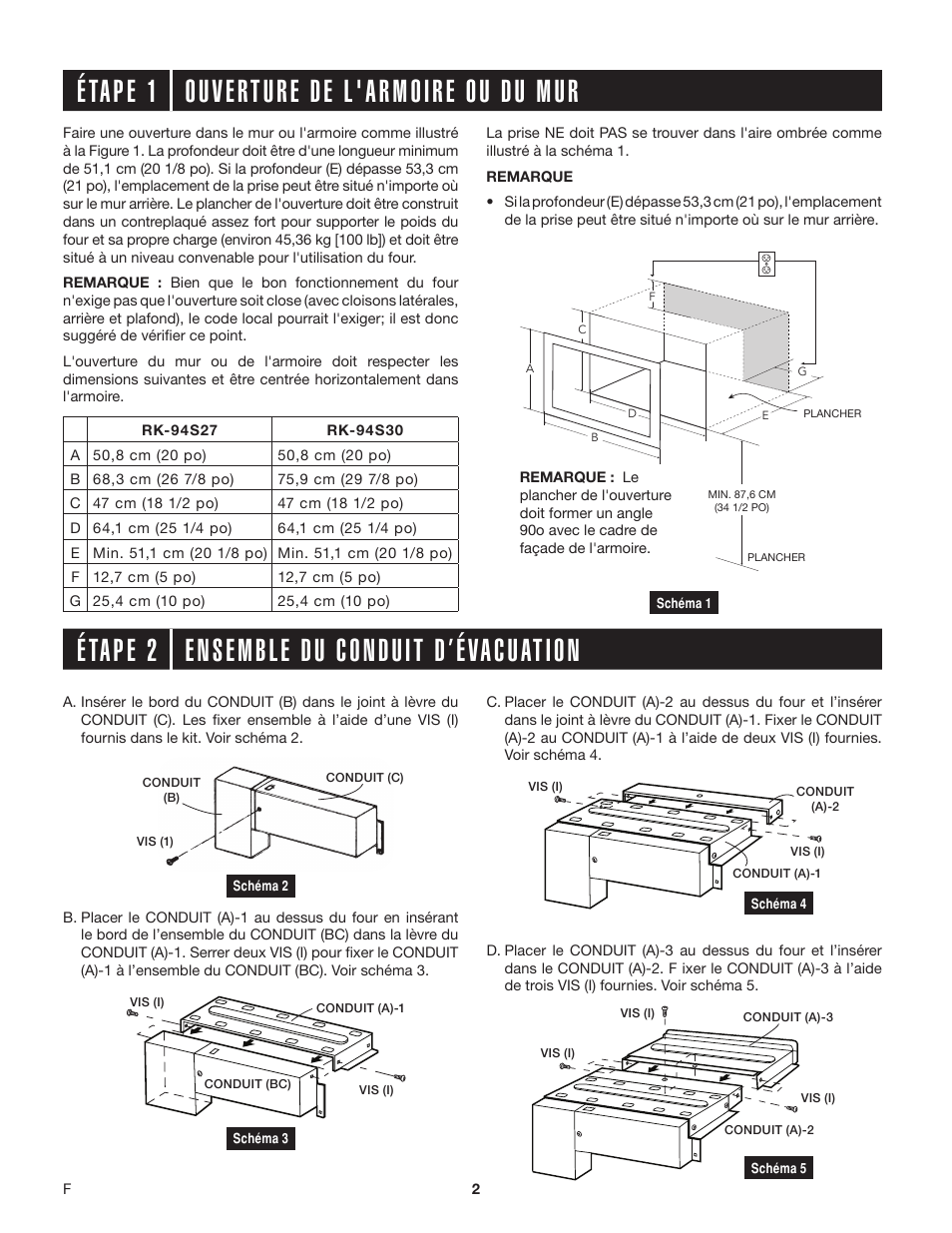 Étape 1 ouverture de l'armoire ou du mur, Étape 2 ensemble du conduit d’évacuation | Sharp 1.5 Cu. Ft. Countertop Microwave Oven Installation Guide for Trim Kit User Manual | Page 6 / 8