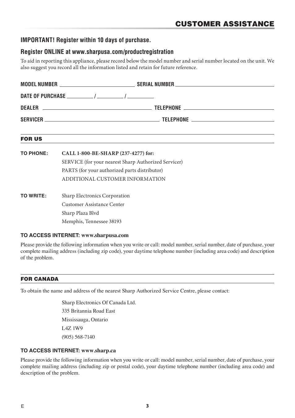 Customer assistance | Sharp 1.5 Cu. Ft. Countertop Microwave Oven Operation Manual User Manual | Page 3 / 68