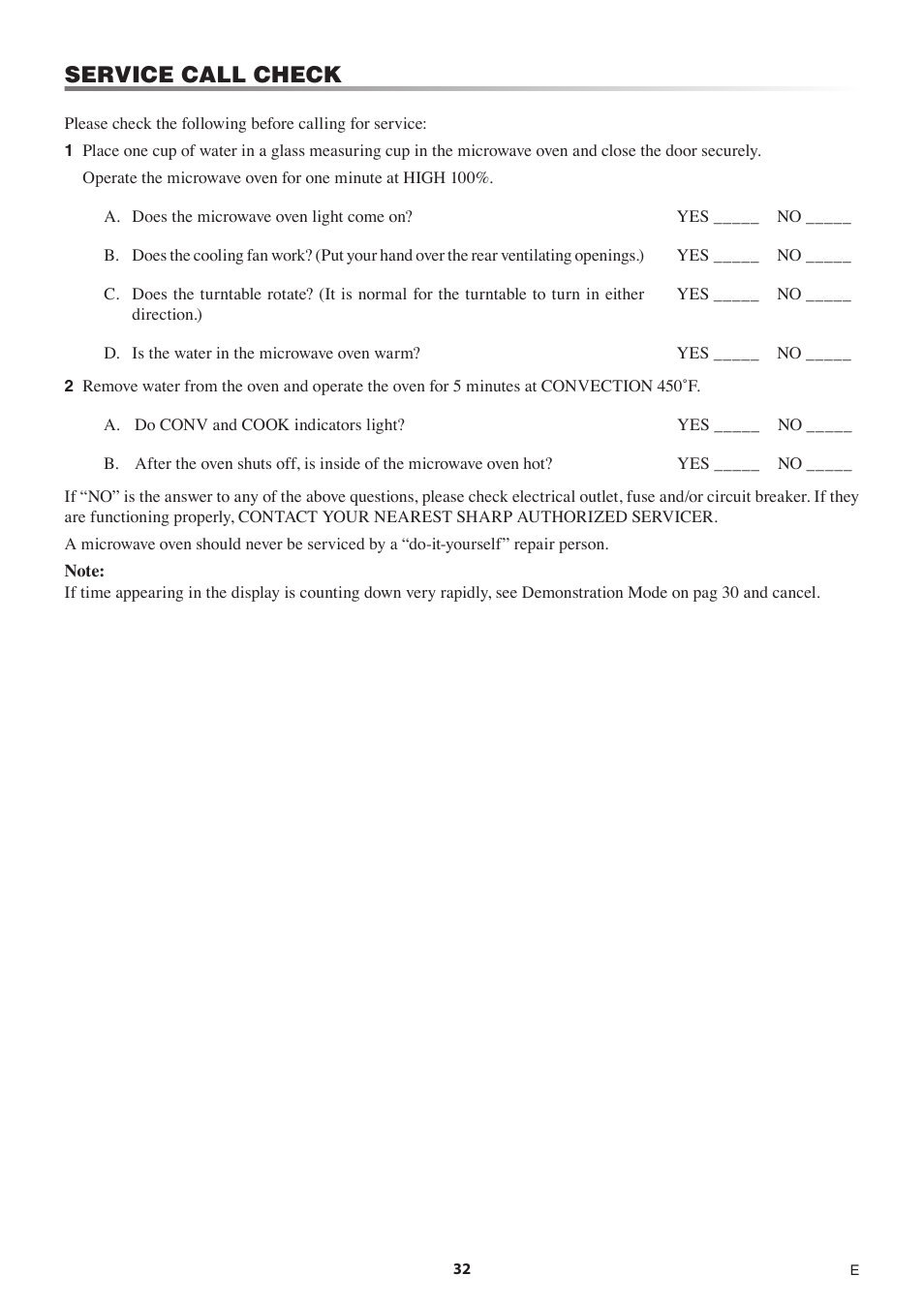 Service call check | Sharp 1.5 Cu. Ft. Countertop Microwave Oven Operation Manual User Manual | Page 32 / 68