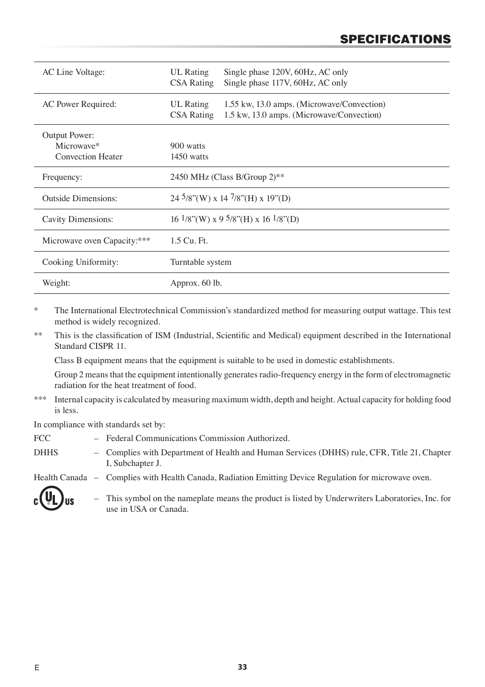 Specifications | Sharp 1.5 Cu. Ft. Countertop Microwave Oven Operation Manual User Manual | Page 33 / 68