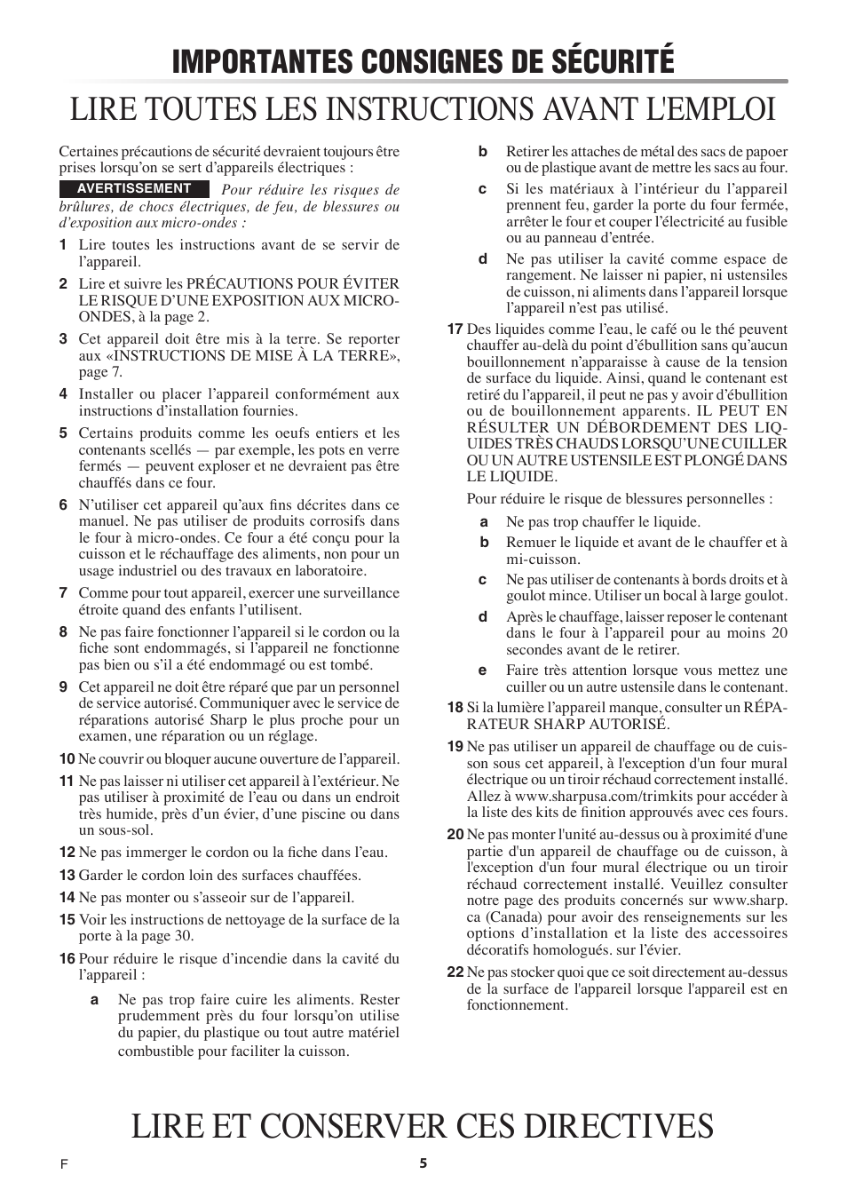 Lire et conserver ces directives, Lire toutes les instructions avant l'emploi, Importantes consignes de sécurité | Sharp 1.5 Cu. Ft. Countertop Microwave Oven Operation Manual User Manual | Page 39 / 68