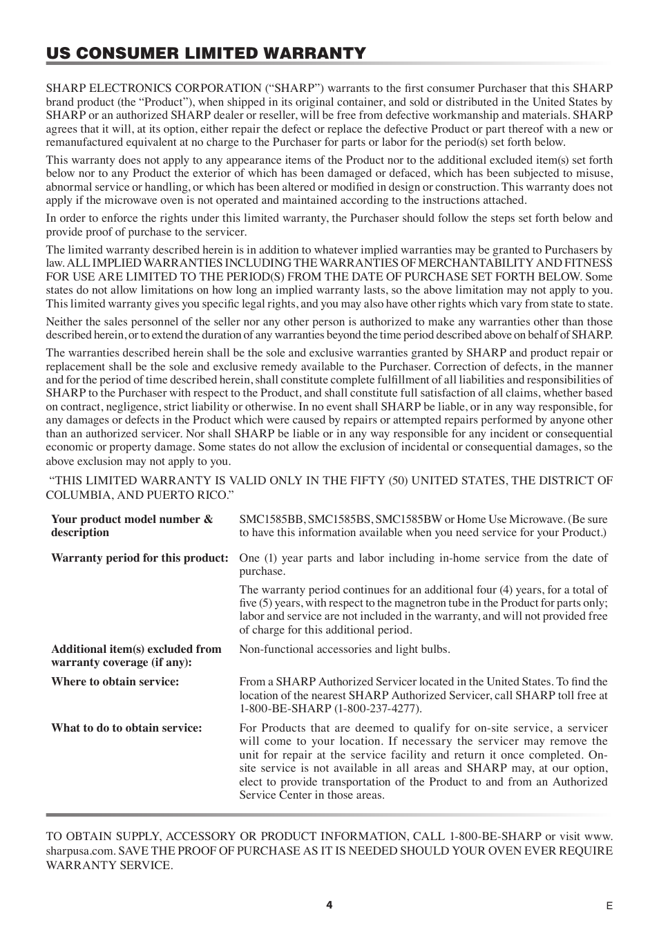 Us consumer limited warranty | Sharp 1.5 Cu. Ft. Countertop Microwave Oven Operation Manual User Manual | Page 4 / 68