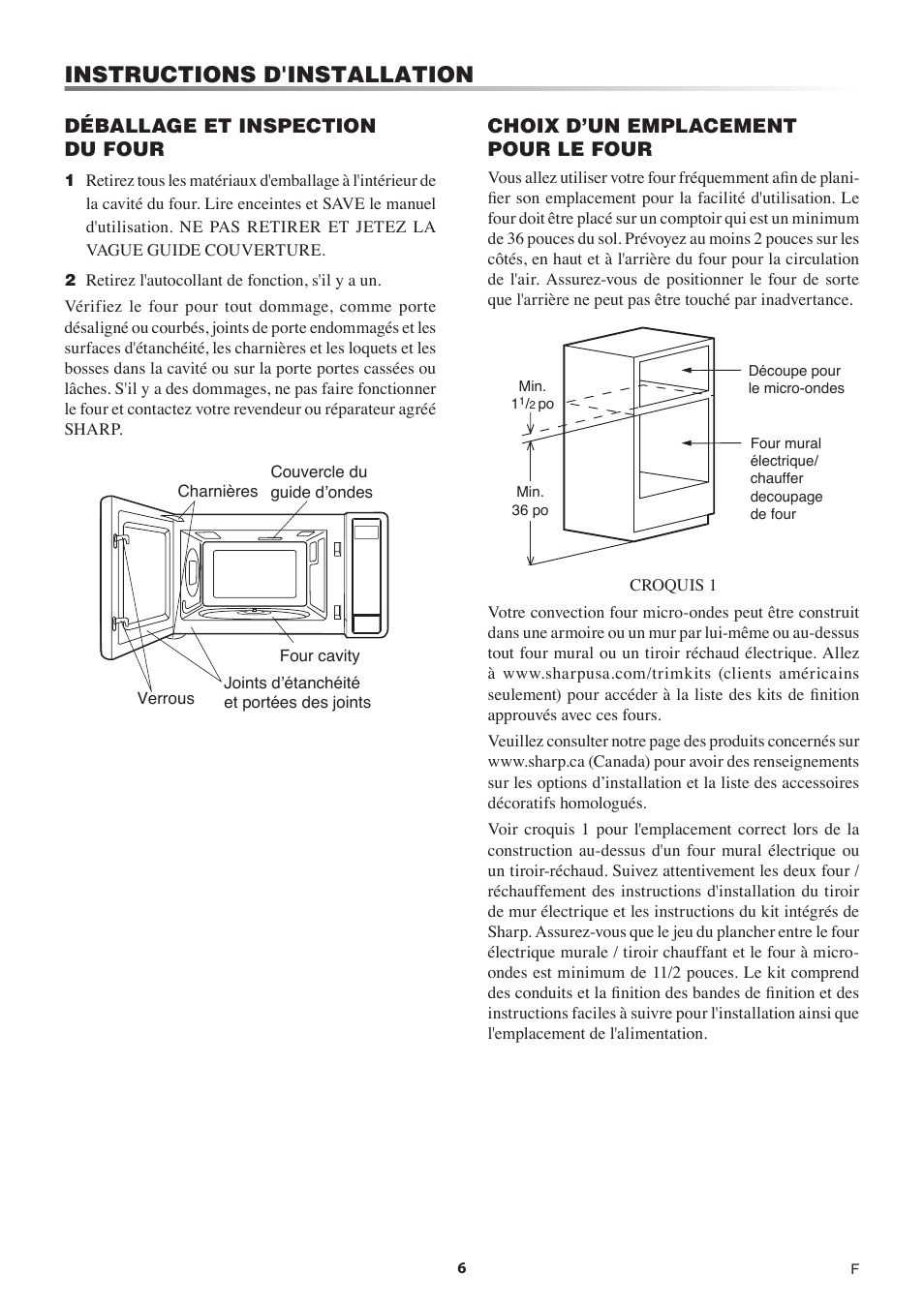 Instructions d'installation, Déballage et inspection du four, Choix d’un emplacement pour le four | Sharp 1.5 Cu. Ft. Countertop Microwave Oven Operation Manual User Manual | Page 40 / 68