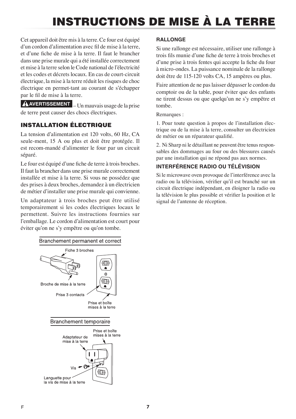 Instructions de mise à la terre | Sharp 1.5 Cu. Ft. Countertop Microwave Oven Operation Manual User Manual | Page 41 / 68