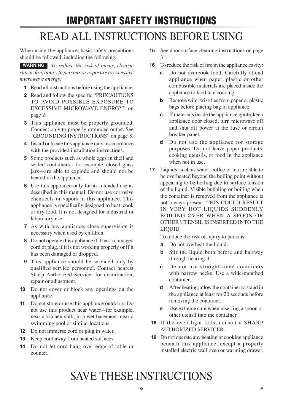 Save these instructions, Read all instructions before using, Important safety instructions | Sharp 1.5 Cu. Ft. Countertop Microwave Oven Operation Manual User Manual | Page 6 / 68