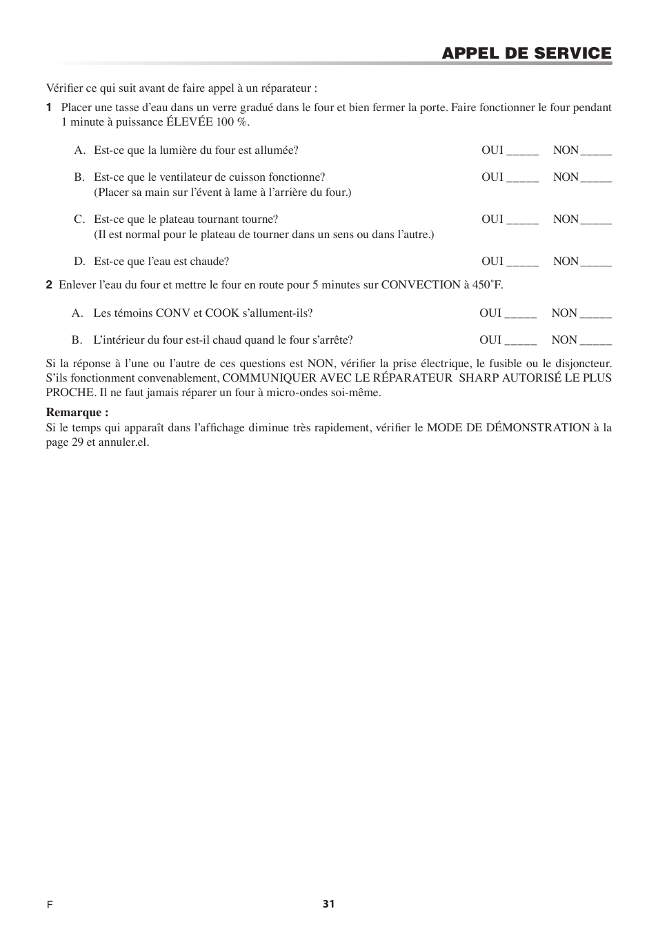 Appel de service | Sharp 1.5 Cu. Ft. Countertop Microwave Oven Operation Manual User Manual | Page 65 / 68