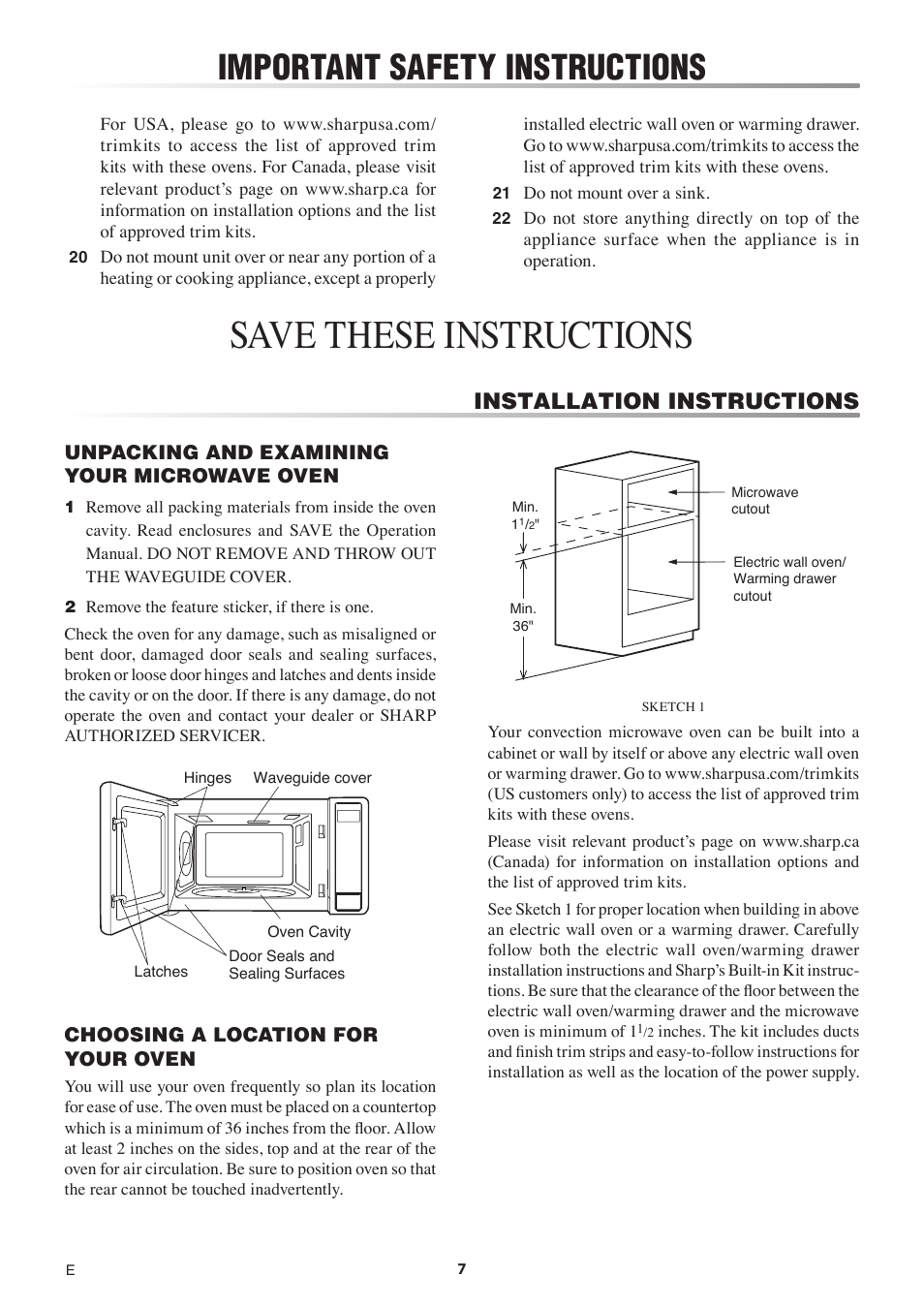 Save these instructions, Important safety instructions, Installation instructions | Sharp 1.5 Cu. Ft. Countertop Microwave Oven Operation Manual User Manual | Page 7 / 68