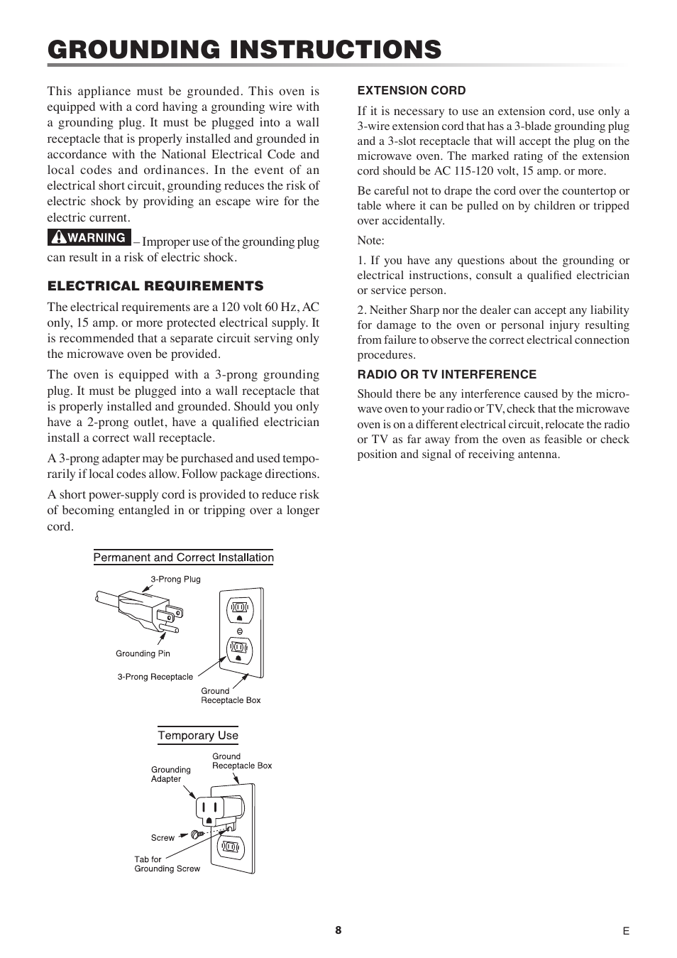 Grounding instructions | Sharp 1.5 Cu. Ft. Countertop Microwave Oven Operation Manual User Manual | Page 8 / 68