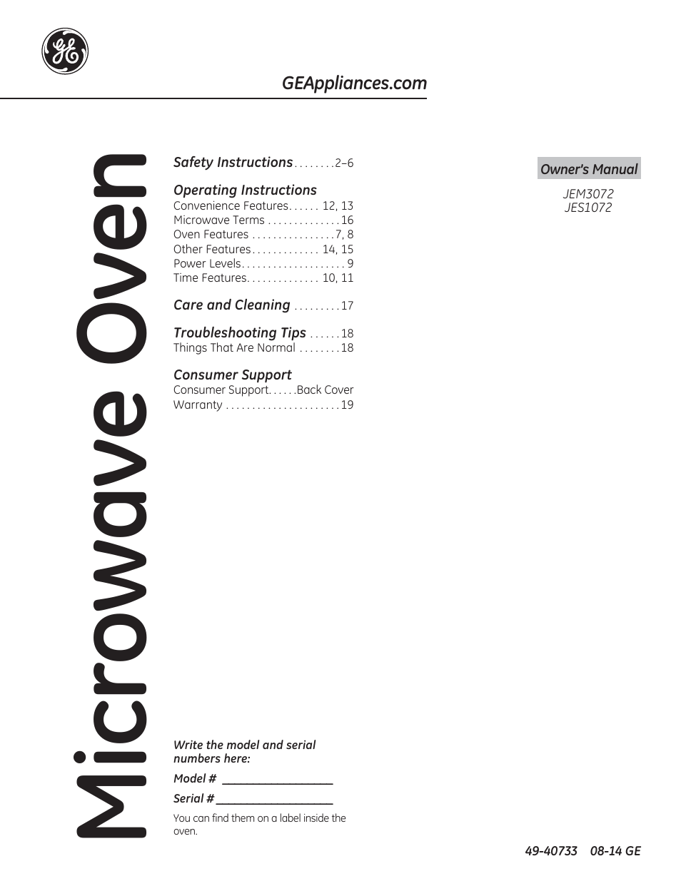 GE 0.7 cu. ft. Countertop Microwave Oven Owners Manual User Manual | 40 pages