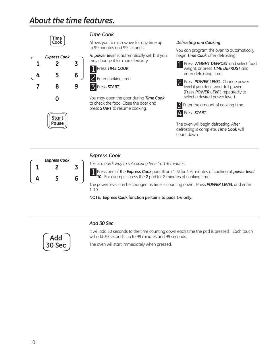 About the time features, Add 30 sec | GE 0.7 cu. ft. Countertop Microwave Oven Owners Manual User Manual | Page 10 / 40