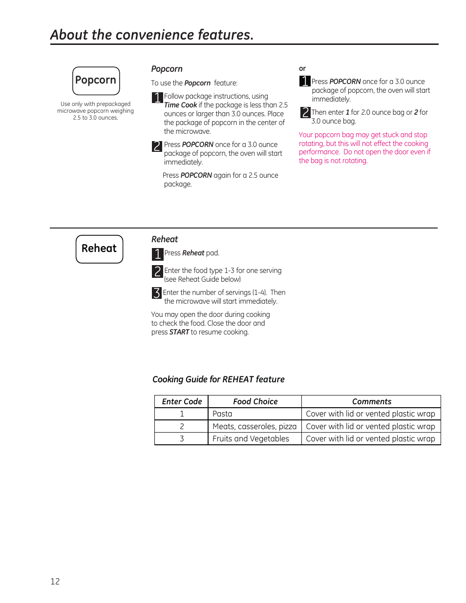 About the convenience features, Popcorn, Reheat | GE 0.7 cu. ft. Countertop Microwave Oven Owners Manual User Manual | Page 12 / 40