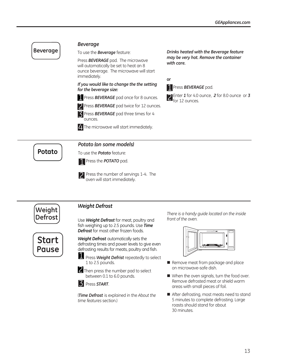 Start, Pause, Potato | Weight defrost | GE 0.7 cu. ft. Countertop Microwave Oven Owners Manual User Manual | Page 13 / 40