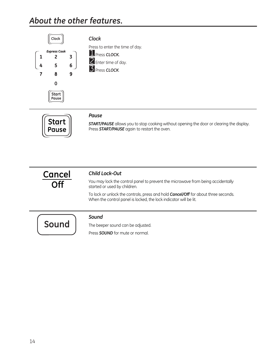 Cancel off, Sound, About the other features | Start, Pause | GE 0.7 cu. ft. Countertop Microwave Oven Owners Manual User Manual | Page 14 / 40