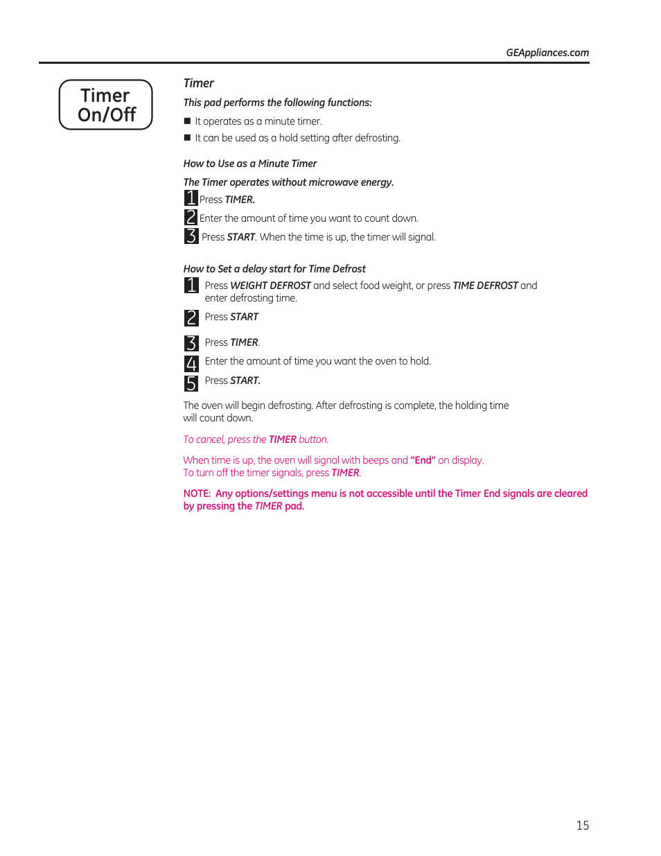 Timer on/off | GE 0.7 cu. ft. Countertop Microwave Oven Owners Manual User Manual | Page 15 / 40