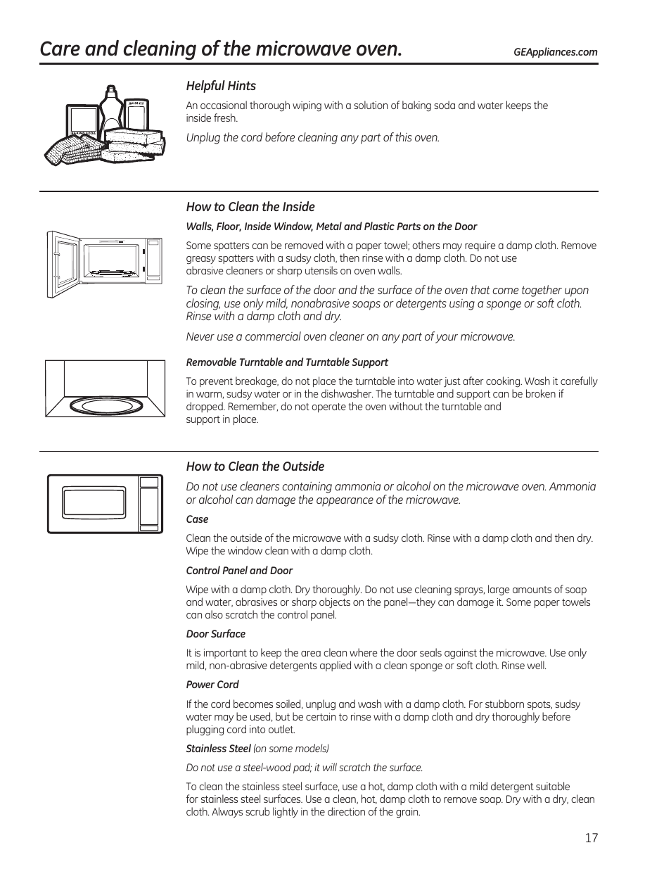 Care and cleaning of the microwave oven | GE 0.7 cu. ft. Countertop Microwave Oven Owners Manual User Manual | Page 17 / 40