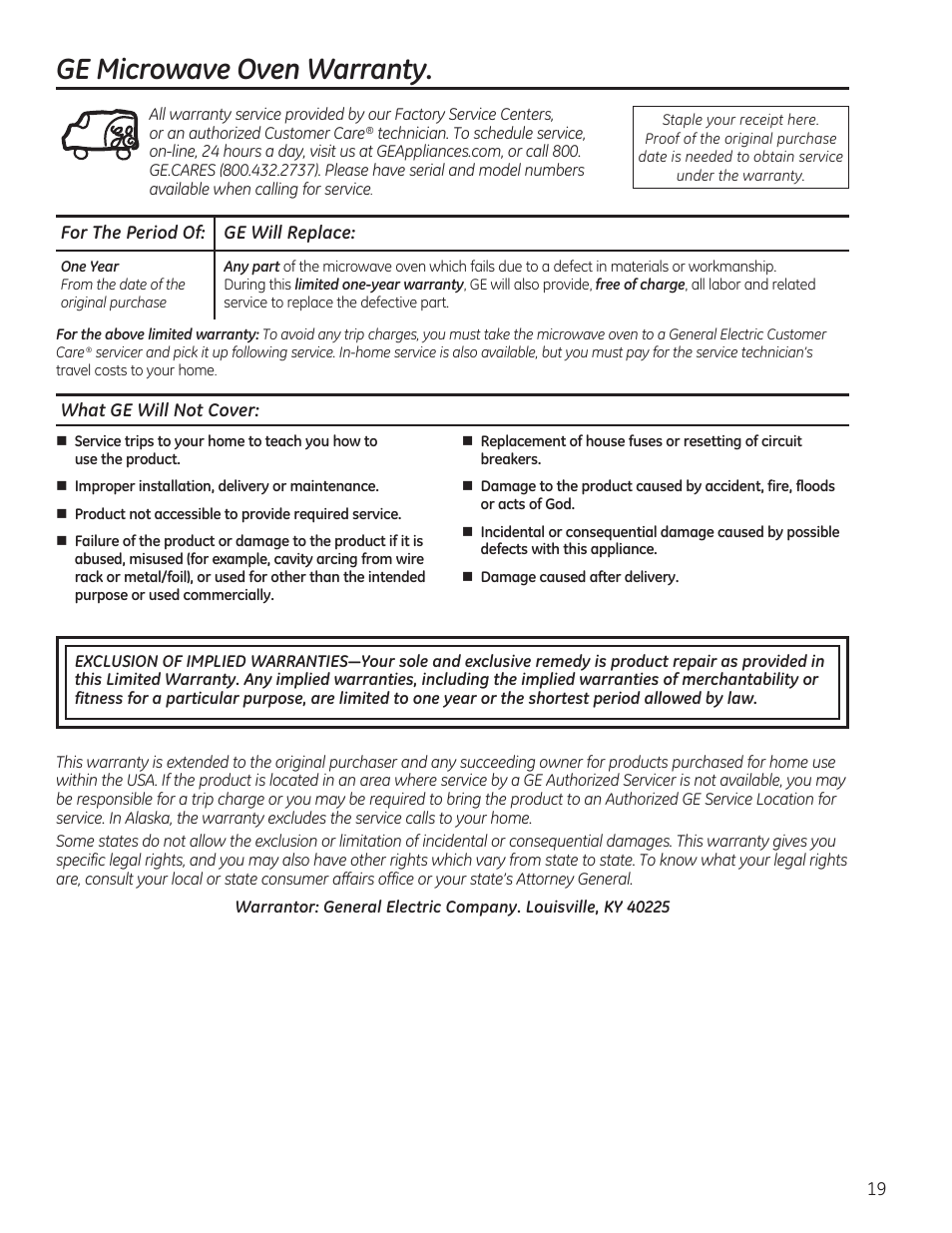 Ge microwave oven warranty | GE 0.7 cu. ft. Countertop Microwave Oven Owners Manual User Manual | Page 19 / 40