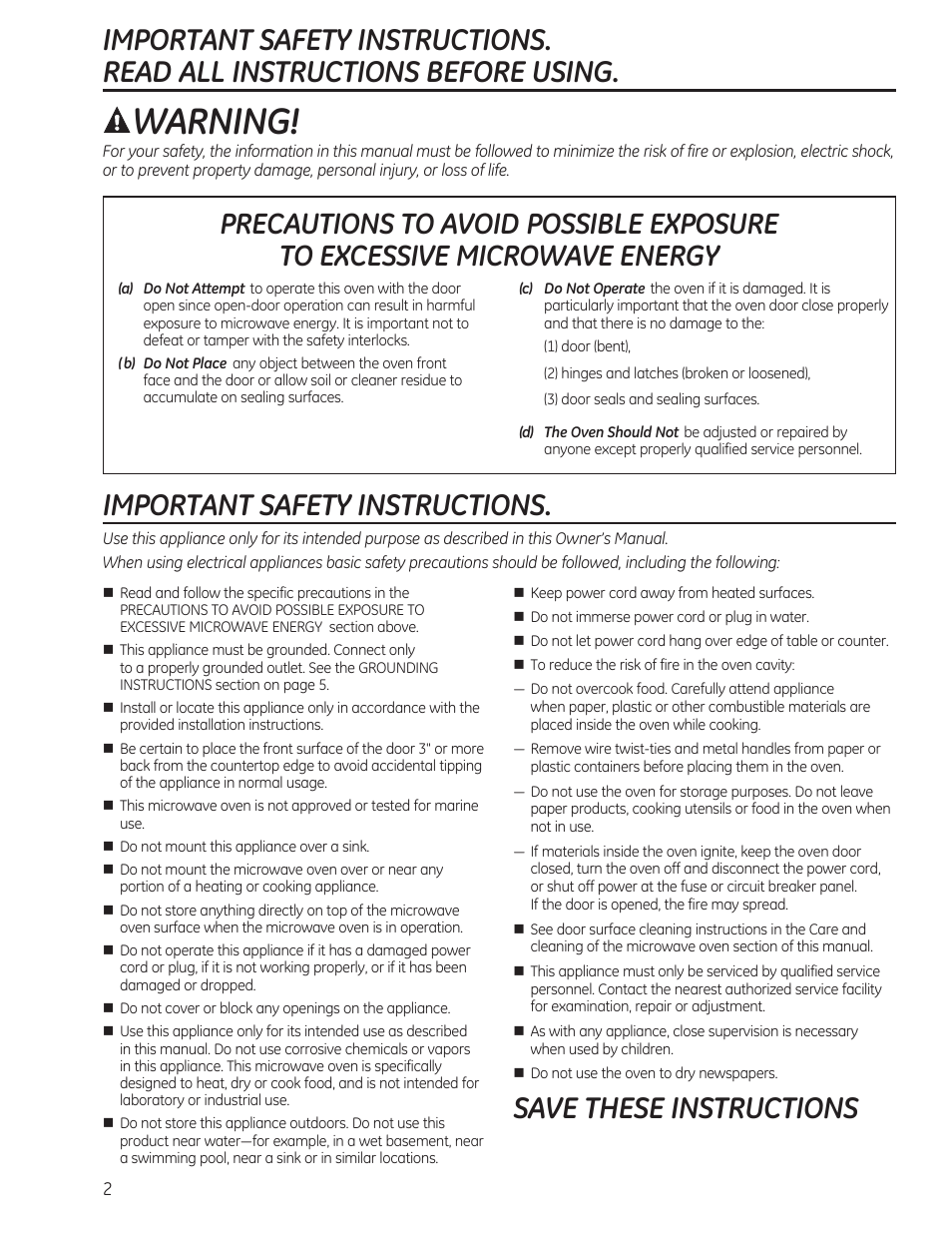 Warning, Save these instructions | GE 0.7 cu. ft. Countertop Microwave Oven Owners Manual User Manual | Page 2 / 40