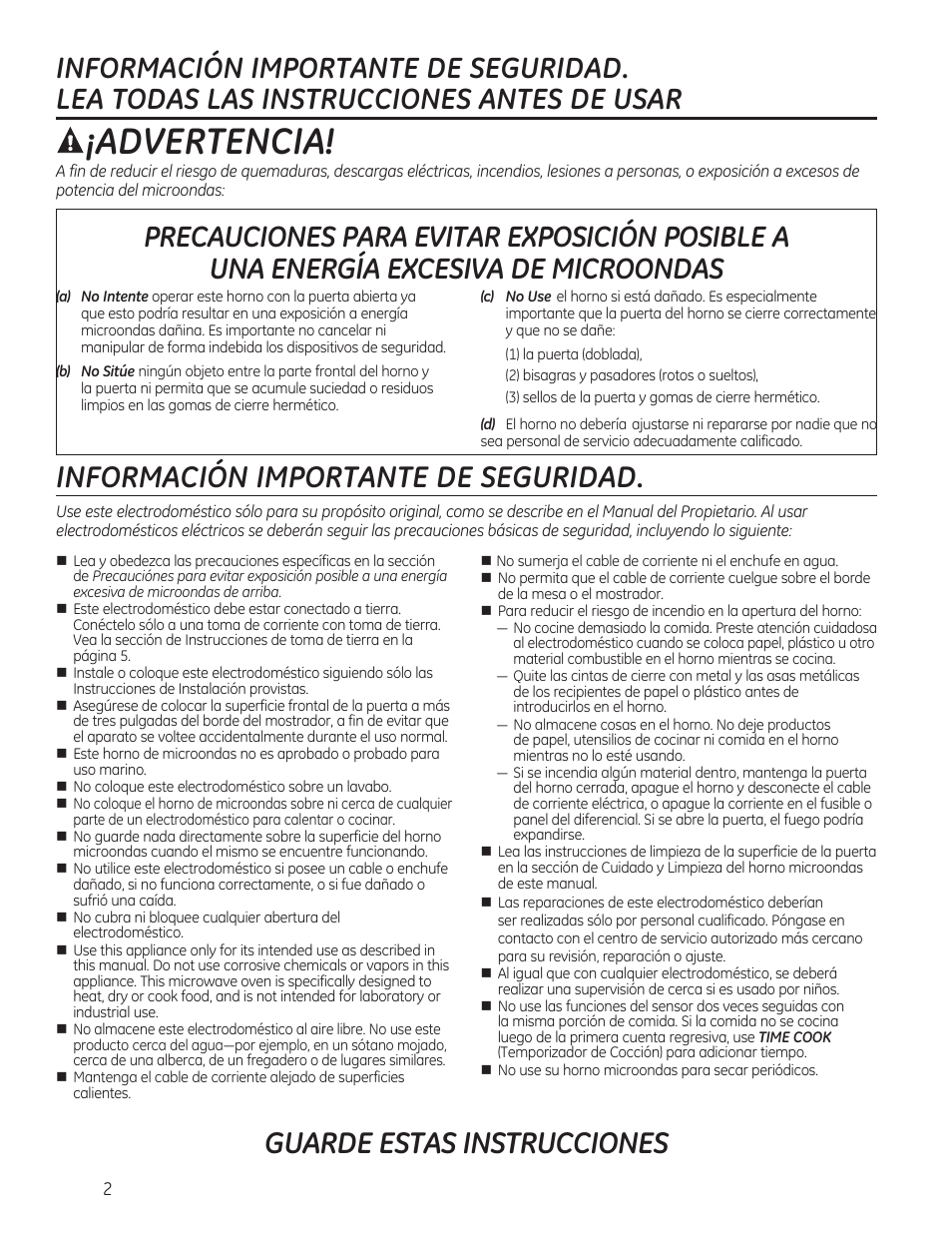 Advertencia, Información importante de seguridad, Guarde estas instrucciones | GE 0.7 cu. ft. Countertop Microwave Oven Owners Manual User Manual | Page 22 / 40