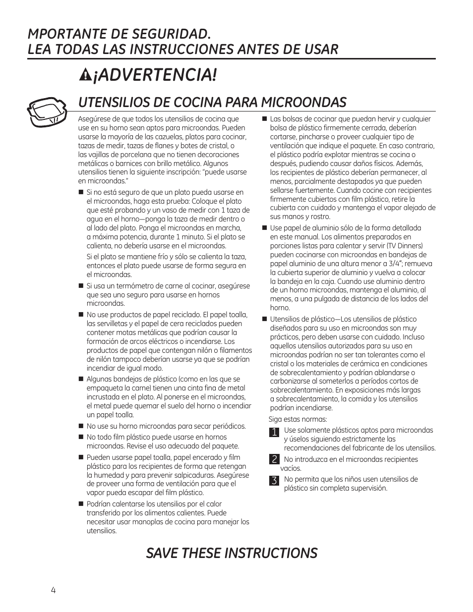 Advertencia, Save these instructions | GE 0.7 cu. ft. Countertop Microwave Oven Owners Manual User Manual | Page 24 / 40