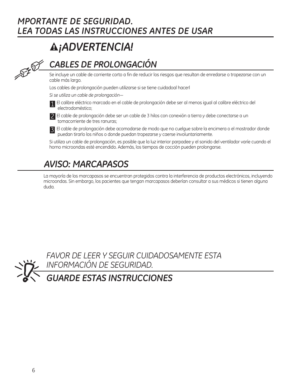 Advertencia, Aviso: marcapasos, Guarde estas instrucciones | Cables de prolongación | GE 0.7 cu. ft. Countertop Microwave Oven Owners Manual User Manual | Page 26 / 40