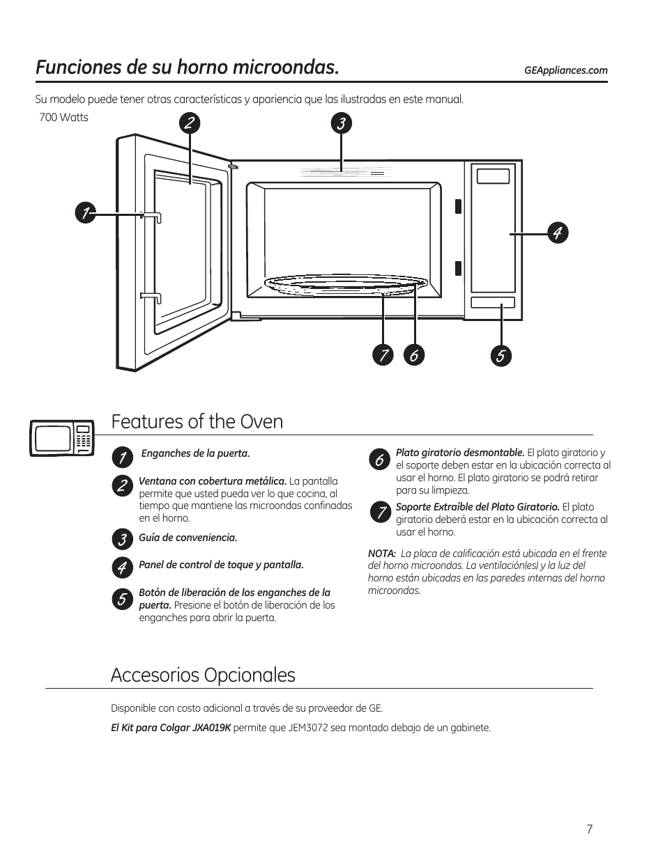 Features of the oven, Funciones de su horno microondas, Accesorios opcionales | GE 0.7 cu. ft. Countertop Microwave Oven Owners Manual User Manual | Page 27 / 40