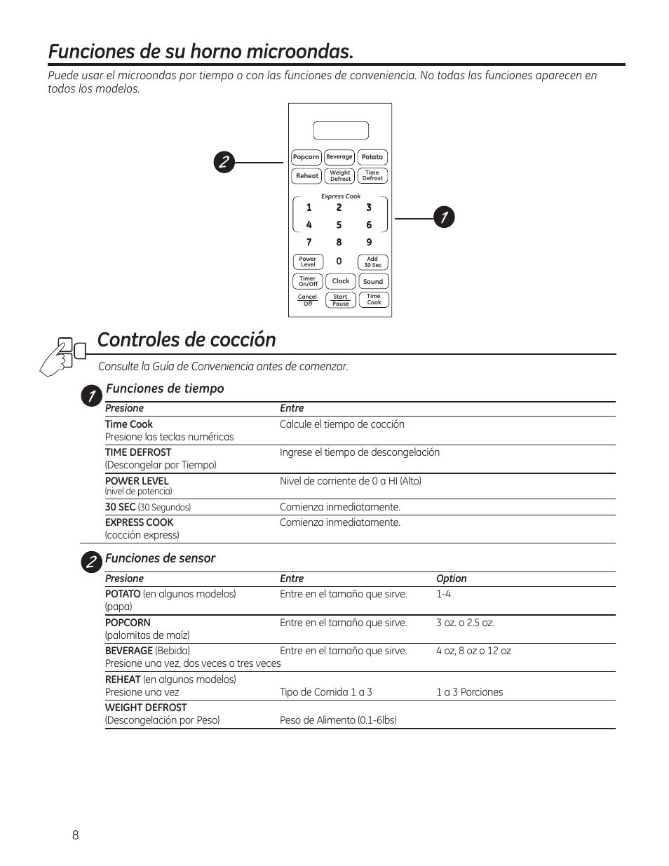 Funciones de tiempo, Funciones de sensor | GE 0.7 cu. ft. Countertop Microwave Oven Owners Manual User Manual | Page 28 / 40