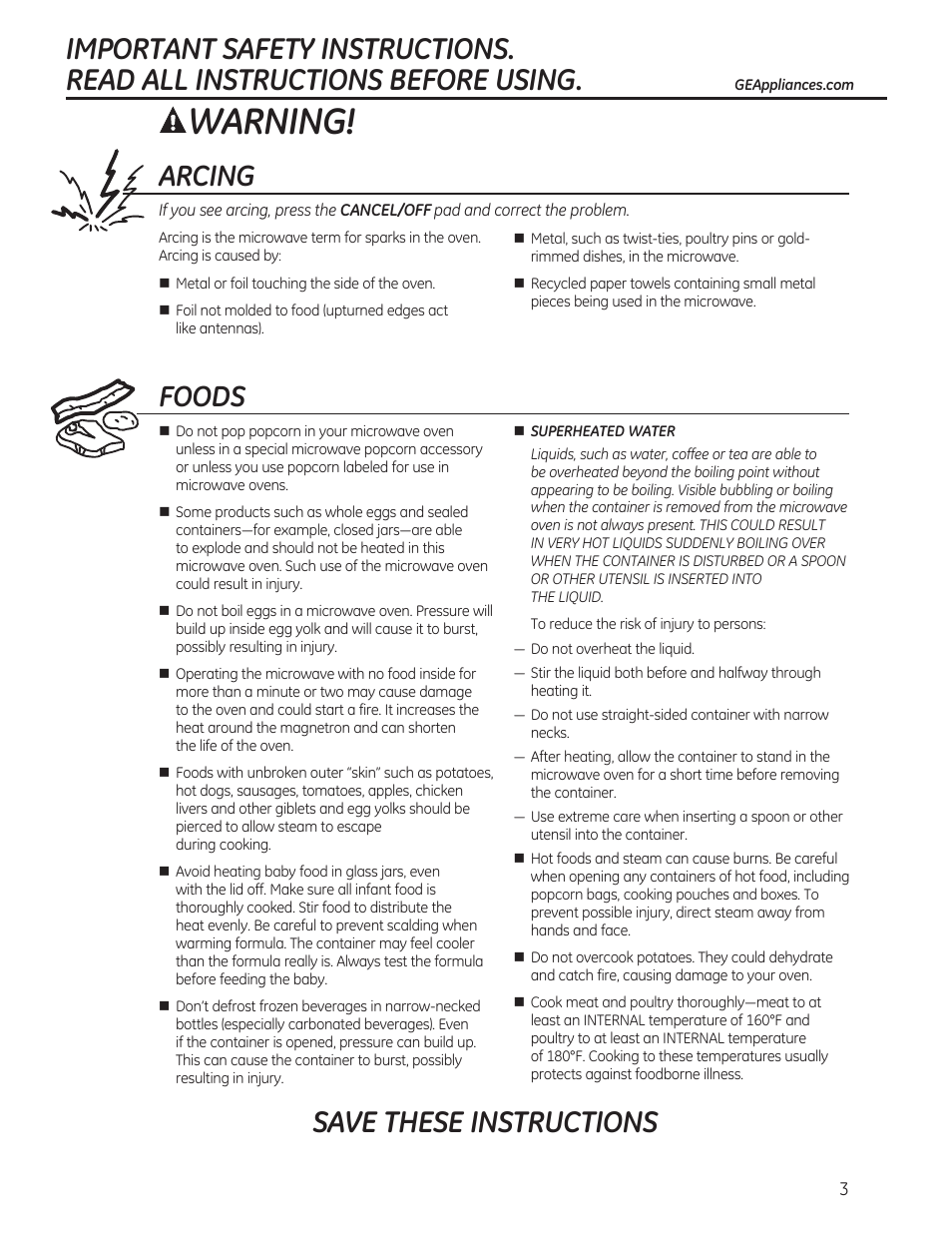 Warning, Save these instructions, Arcing | Foods | GE 0.7 cu. ft. Countertop Microwave Oven Owners Manual User Manual | Page 3 / 40