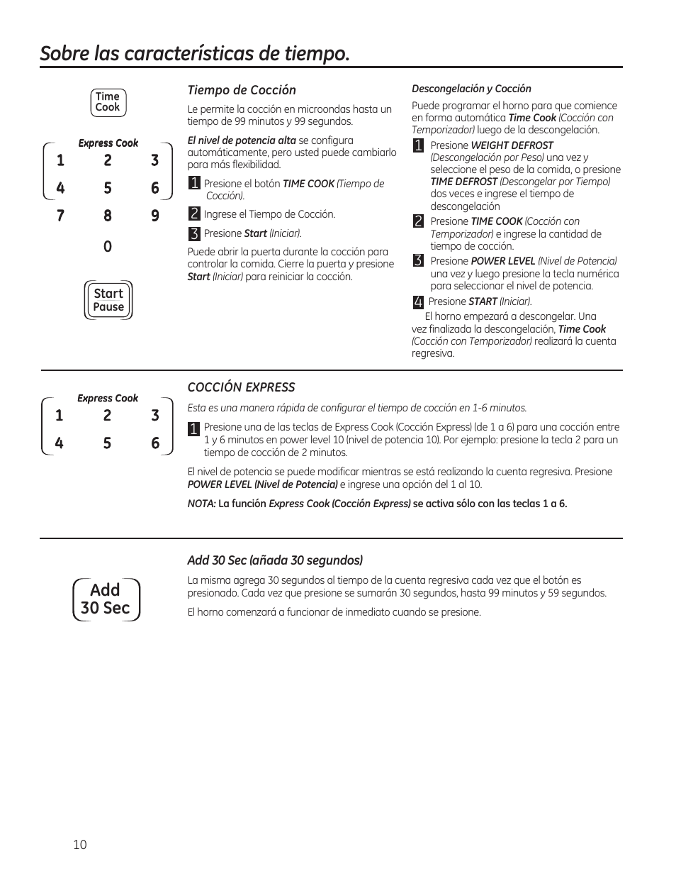 Sobre las características de tiempo, Add 30 sec | GE 0.7 cu. ft. Countertop Microwave Oven Owners Manual User Manual | Page 30 / 40