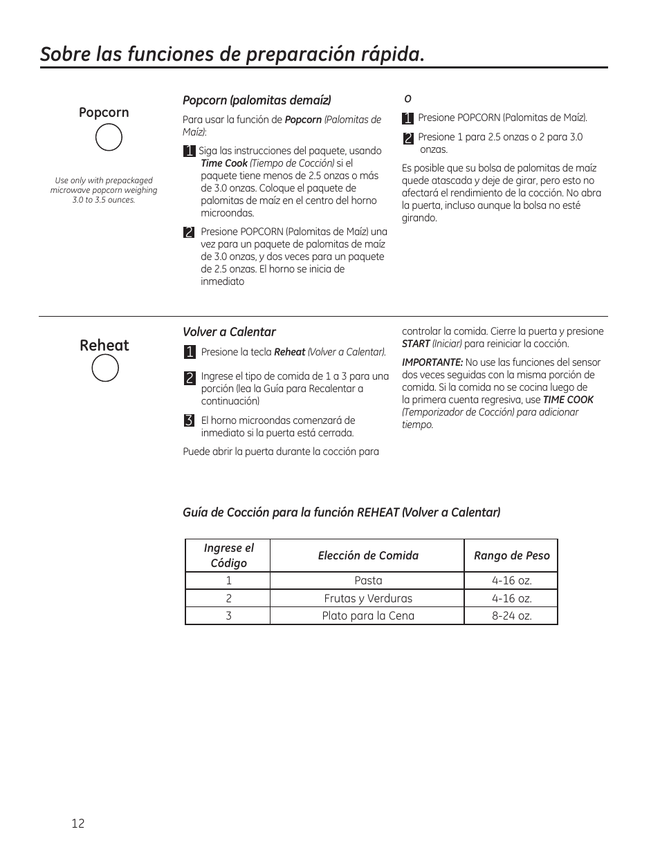 Sobre las funciones de preparación rápida, Reheat | GE 0.7 cu. ft. Countertop Microwave Oven Owners Manual User Manual | Page 32 / 40