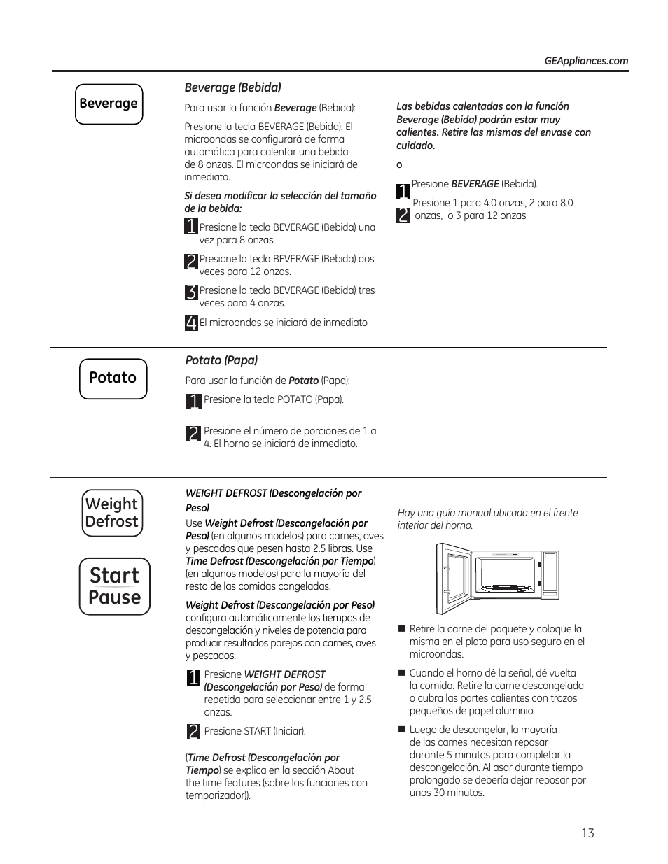 Start, Pause, Potato | Weight defrost | GE 0.7 cu. ft. Countertop Microwave Oven Owners Manual User Manual | Page 33 / 40