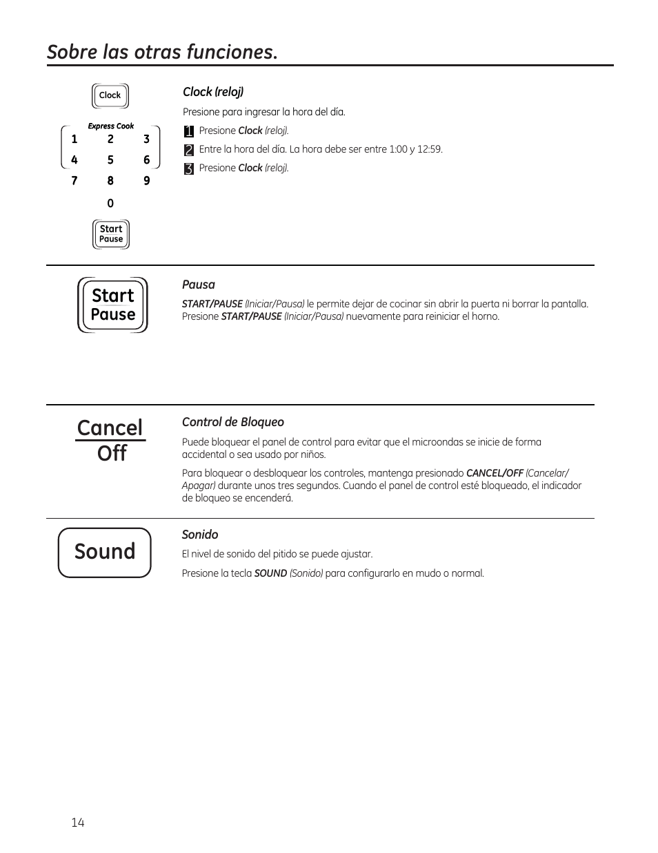 Cancel off sound, Sobre las otras funciones, Start | Pause | GE 0.7 cu. ft. Countertop Microwave Oven Owners Manual User Manual | Page 34 / 40