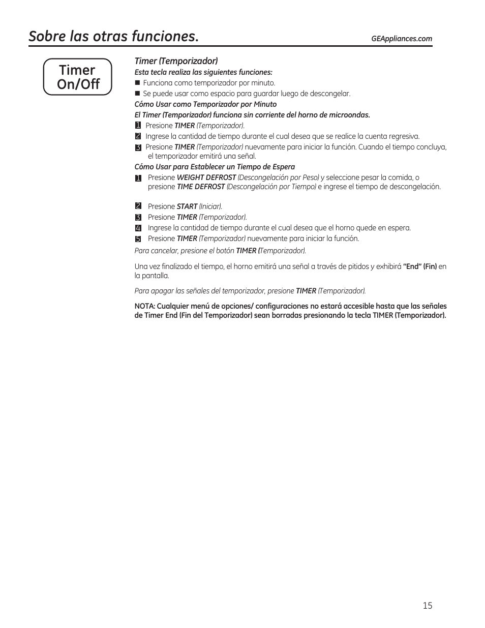 Sobre las otras funciones, Timer on/off | GE 0.7 cu. ft. Countertop Microwave Oven Owners Manual User Manual | Page 35 / 40