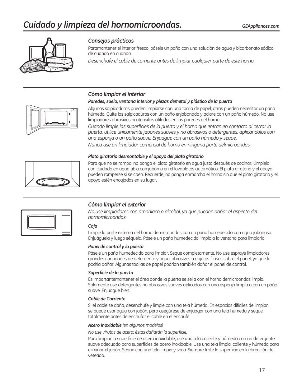 Cuidado y limpieza del hornomicroondas | GE 0.7 cu. ft. Countertop Microwave Oven Owners Manual User Manual | Page 37 / 40