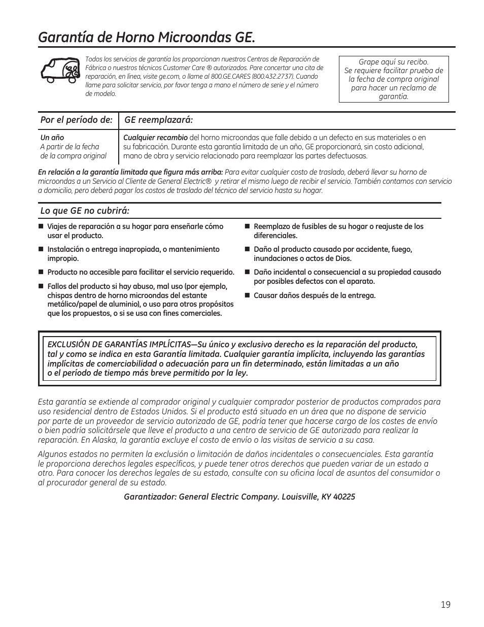 Garantía de horno microondas ge | GE 0.7 cu. ft. Countertop Microwave Oven Owners Manual User Manual | Page 39 / 40