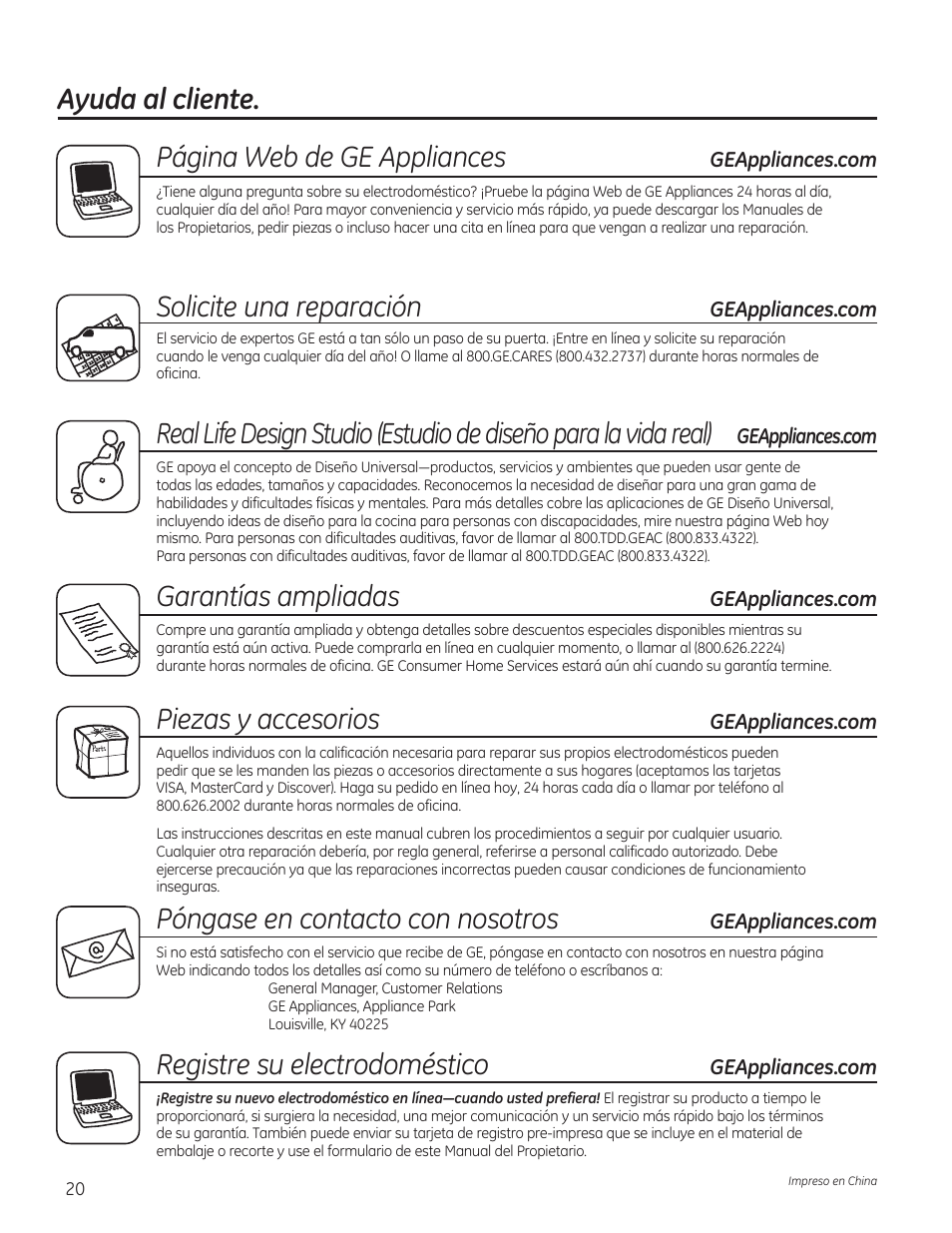 Ayuda al cliente. página web de ge appliances, Solicite una reparación, Garantías ampliadas | Piezas y accesorios, Póngase en contacto con nosotros, Registre su electrodoméstico | GE 0.7 cu. ft. Countertop Microwave Oven Owners Manual User Manual | Page 40 / 40