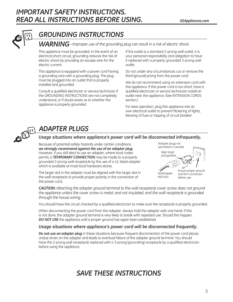 Adapter plugs, Grounding instructions, Warning | GE 0.7 cu. ft. Countertop Microwave Oven Owners Manual User Manual | Page 5 / 40