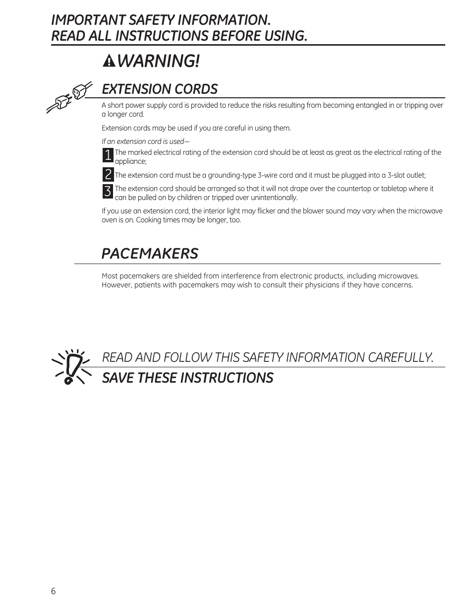 Warning, Pacemakers, Extension cords | Read and follow this safety information carefully | GE 0.7 cu. ft. Countertop Microwave Oven Owners Manual User Manual | Page 6 / 40