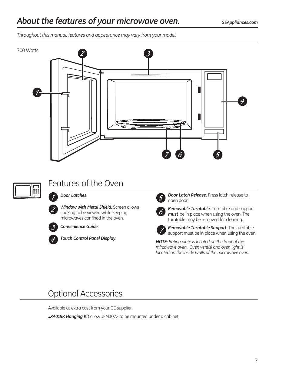 Features of the oven, About the features of your microwave oven, Optional accessories | GE 0.7 cu. ft. Countertop Microwave Oven Owners Manual User Manual | Page 7 / 40