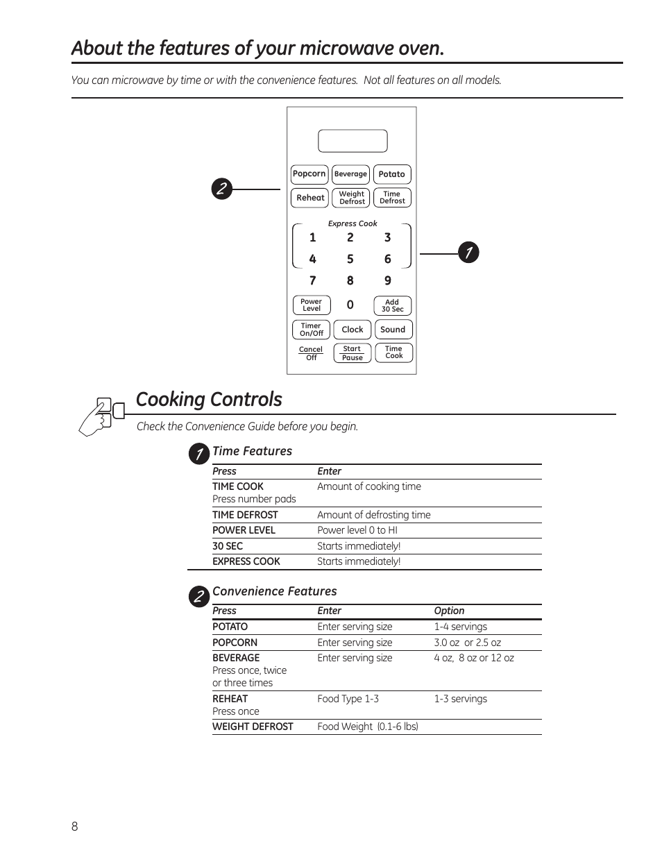 Cooking controls, About the features of your microwave oven | GE 0.7 cu. ft. Countertop Microwave Oven Owners Manual User Manual | Page 8 / 40