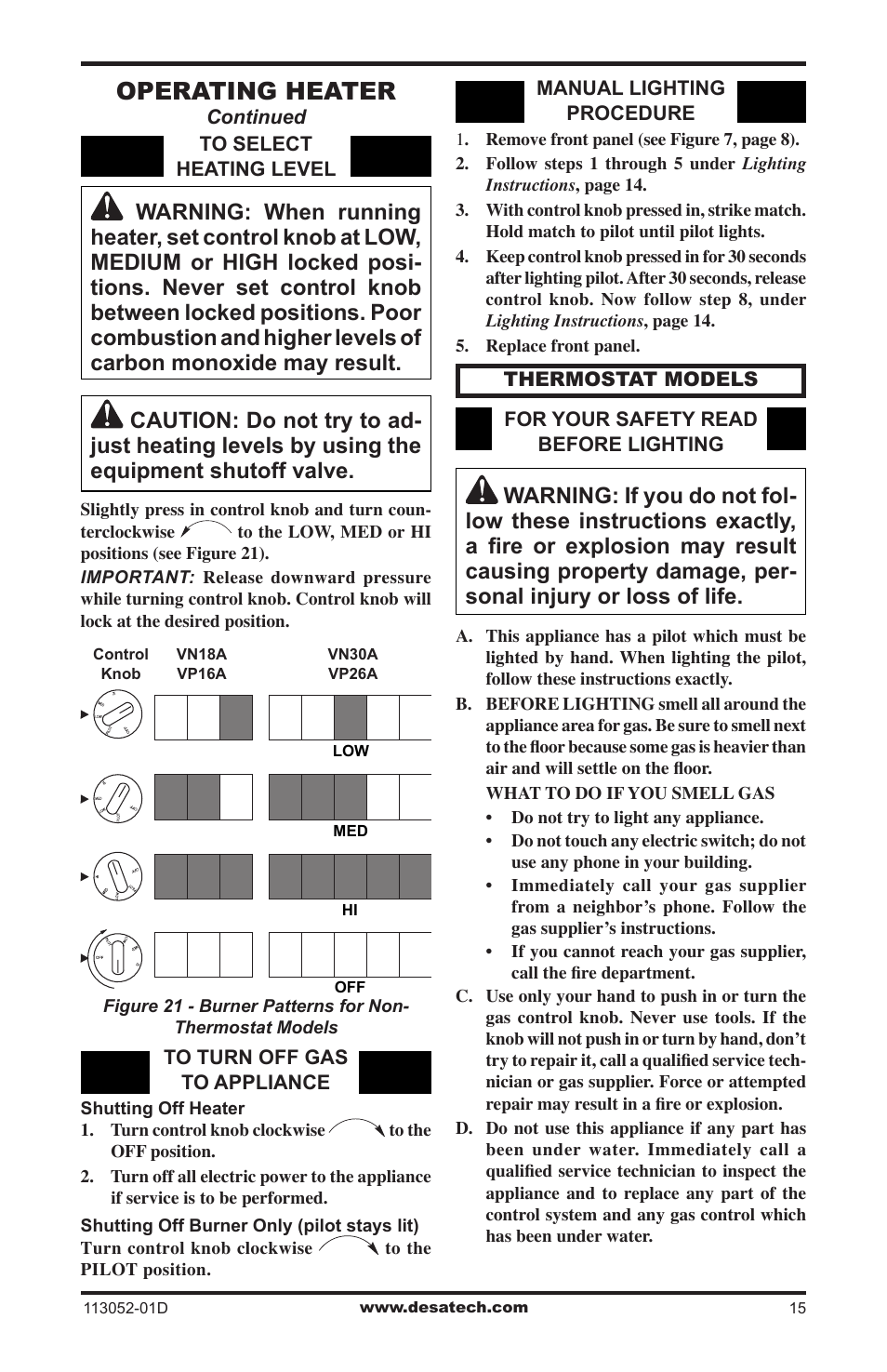 Operating heater | Desa VP26TA VN30A User Manual | Page 15 / 36