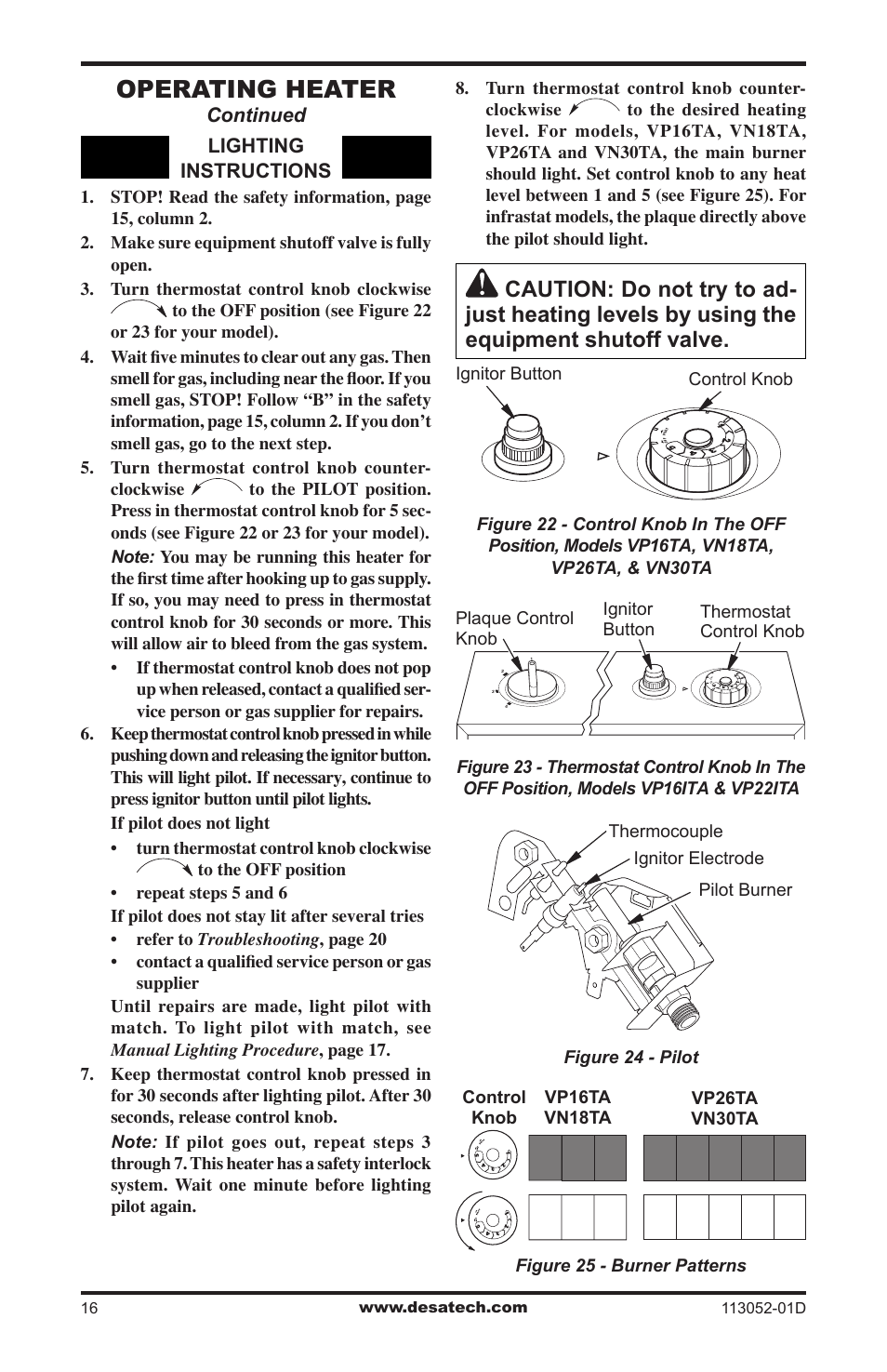 Operating heater | Desa VP26TA VN30A User Manual | Page 16 / 36