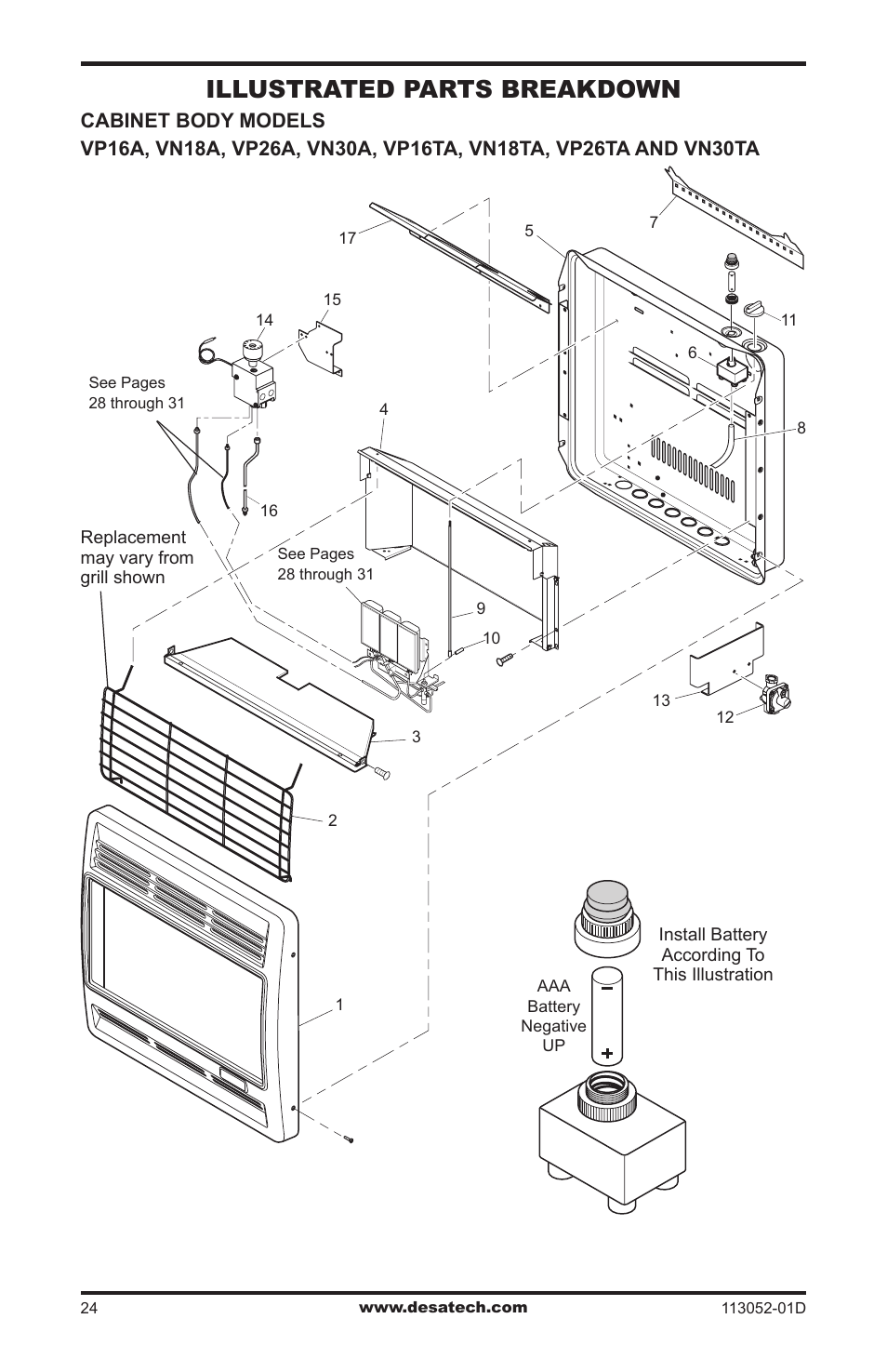 Illustrated parts breakdown and parts list, Illustrated parts breakdown | Desa VP26TA VN30A User Manual | Page 24 / 36