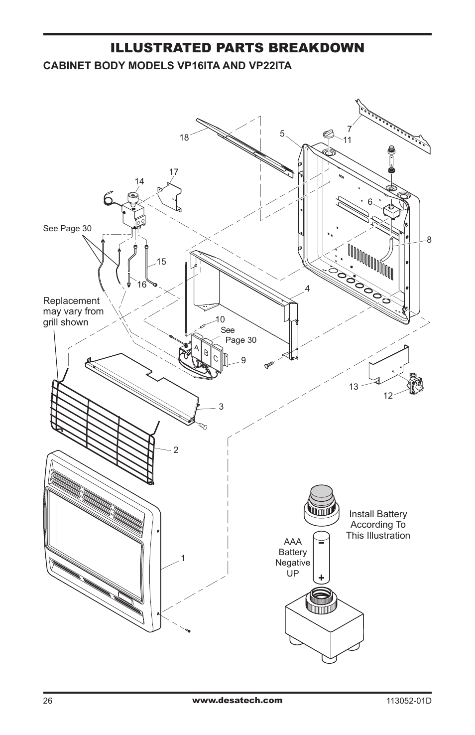 Illustrated parts breakdown, Cabinet body models vp16ita and vp22ita | Desa VP26TA VN30A User Manual | Page 26 / 36