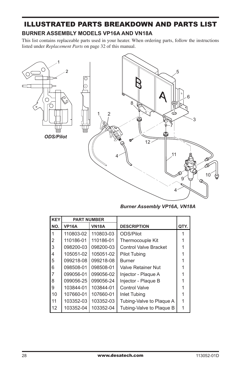 Illustrated parts breakdown and parts list | Desa VP26TA VN30A User Manual | Page 28 / 36