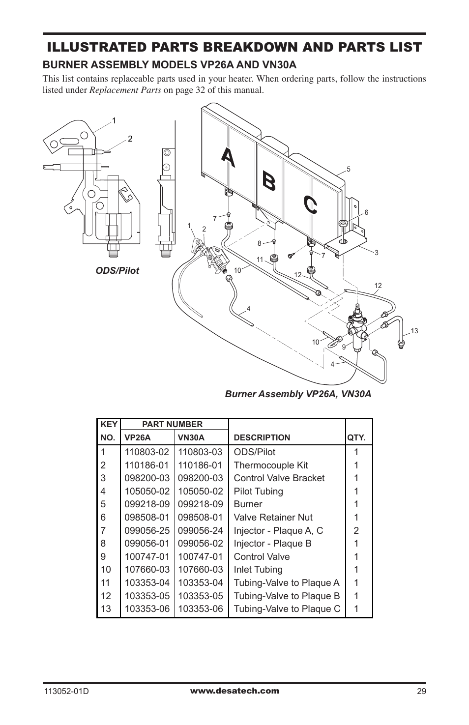 Illustrated parts breakdown and parts list, Burner assembly models vp26a and vn30a | Desa VP26TA VN30A User Manual | Page 29 / 36