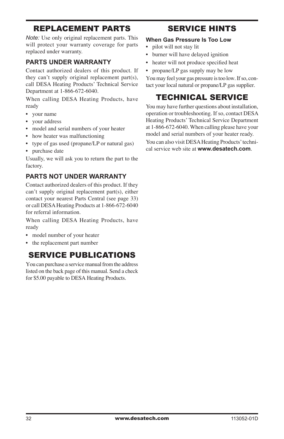 Replacement parts, Service publications, Service hints | Technical service | Desa VP26TA VN30A User Manual | Page 32 / 36