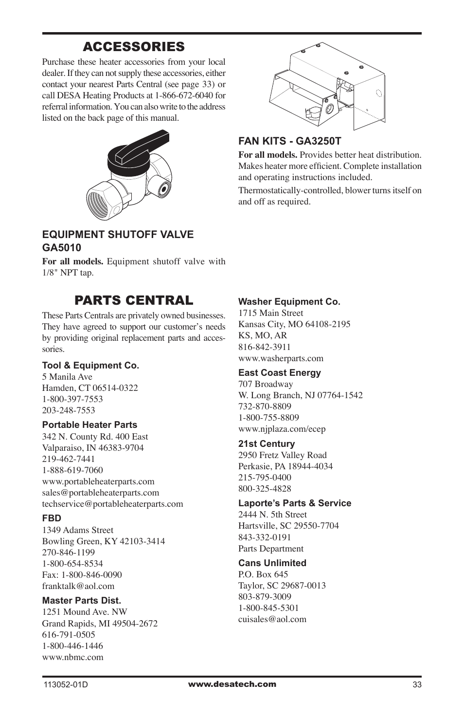 Accessories, Parts central | Desa VP26TA VN30A User Manual | Page 33 / 36