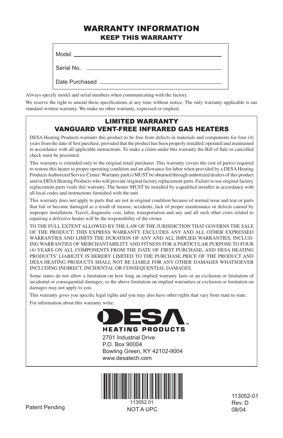 Warranty information, Keep this warranty | Desa VP26TA VN30A User Manual | Page 36 / 36