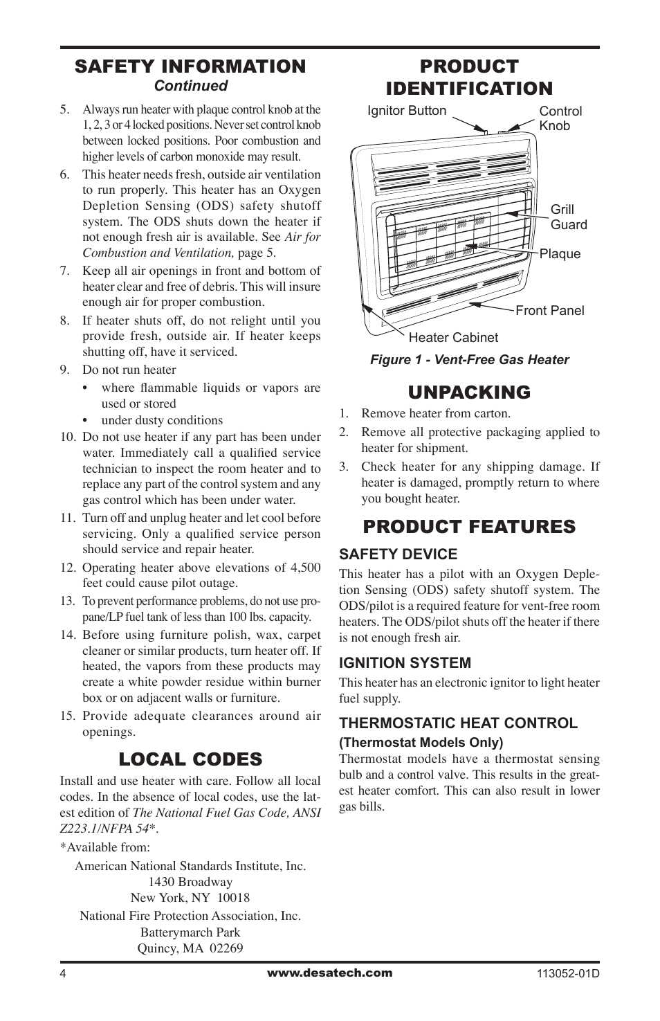 Local codes, Product identification, Unpacking | Product features, Safety information, Product identification unpacking | Desa VP26TA VN30A User Manual | Page 4 / 36