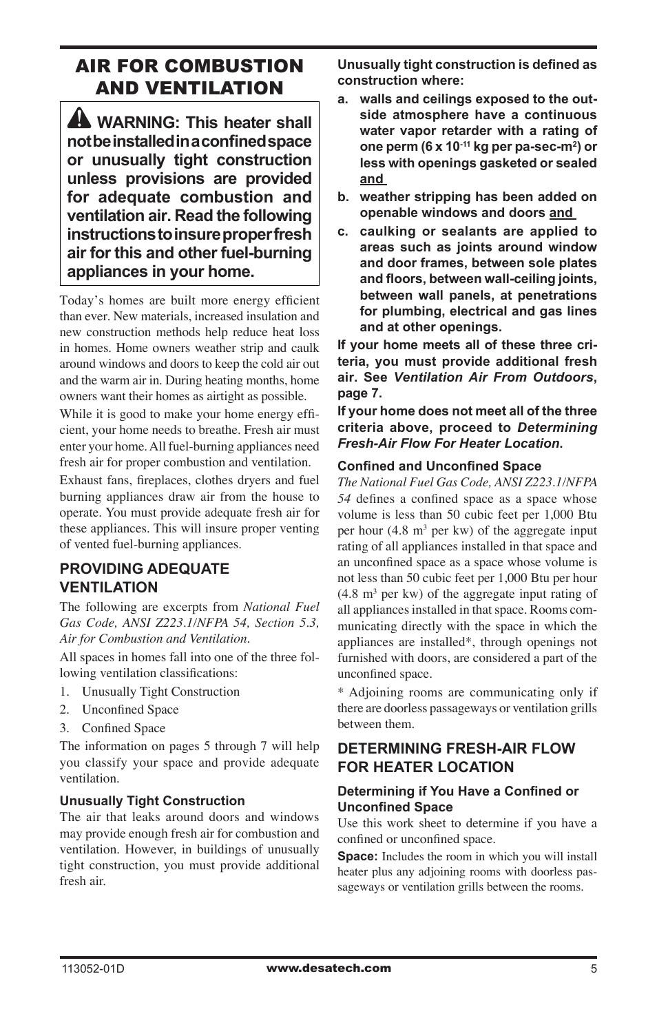 Air for combustion and ventilation | Desa VP26TA VN30A User Manual | Page 5 / 36